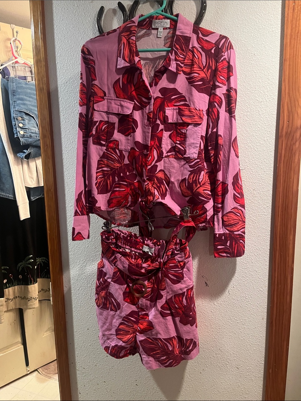 High-Waist Tropical Print Shorts and long sleeve shirt in Pink & Red.